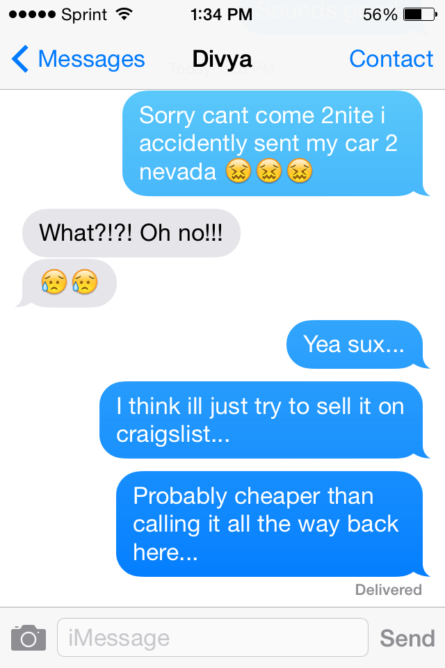 A phone screen displaying a text message conversation about a smart car.